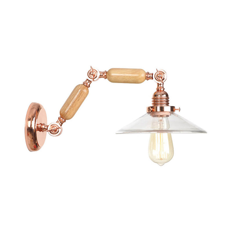 Heldere Glazen Houten Wandlamp Cone 1-Lichts Industriële Wandsteun met Uittrekbare Arm