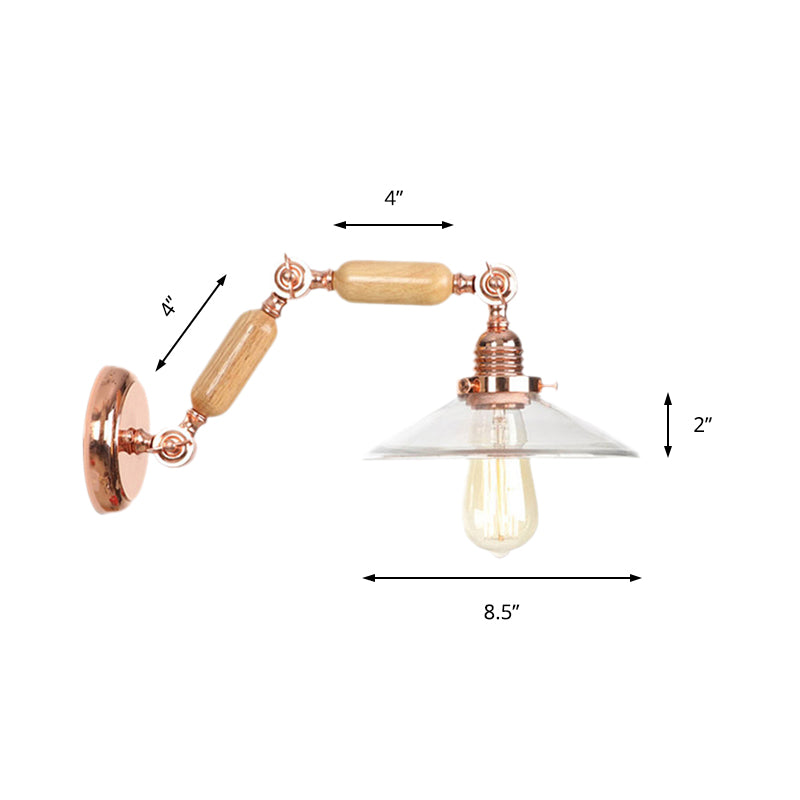 Heldere Glazen Houten Wandlamp Cone 1-Lichts Industriële Wandsteun met Uittrekbare Arm