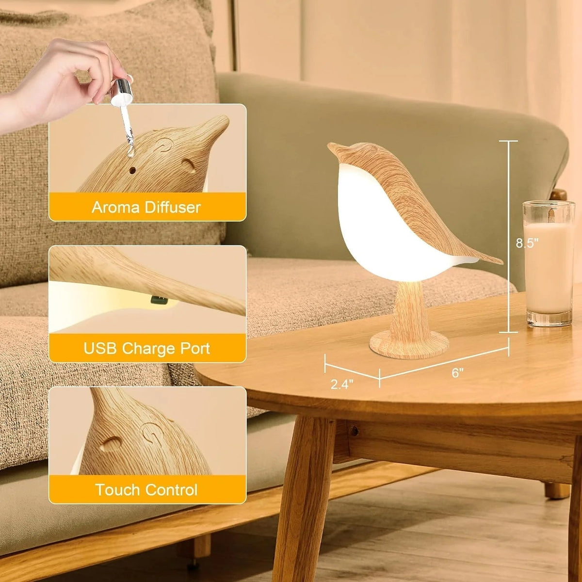 Touch-Control Houten Vogel Nachtlamp - Oplaadbare LED Bedlamp