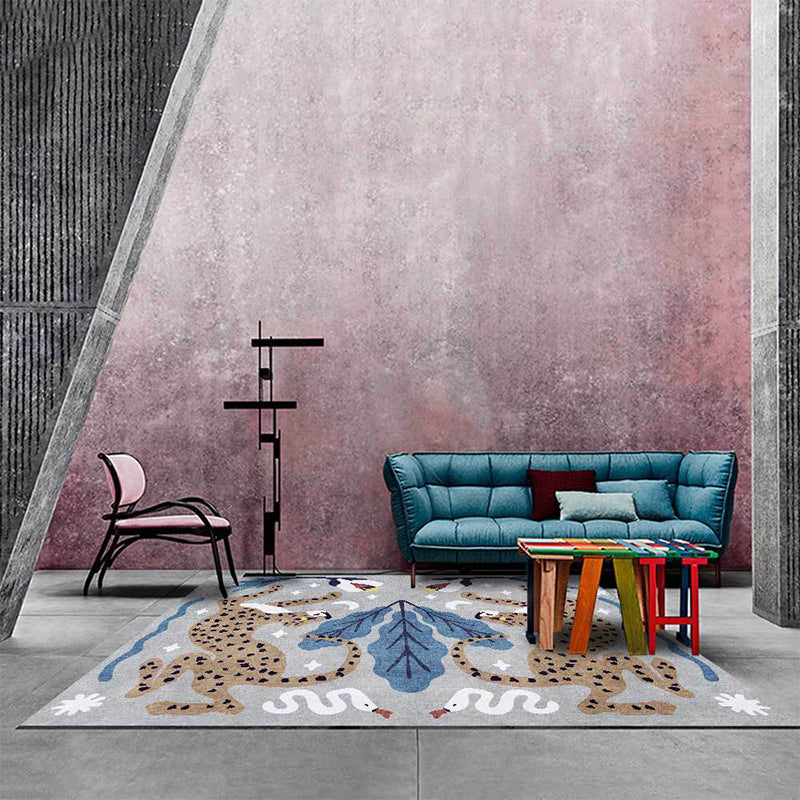 Stijlvol dierenpatroon tapijt grijs en blauw Nordic tapijt polyester wasbaar antislip achterkant tapijt voor de woonkamer