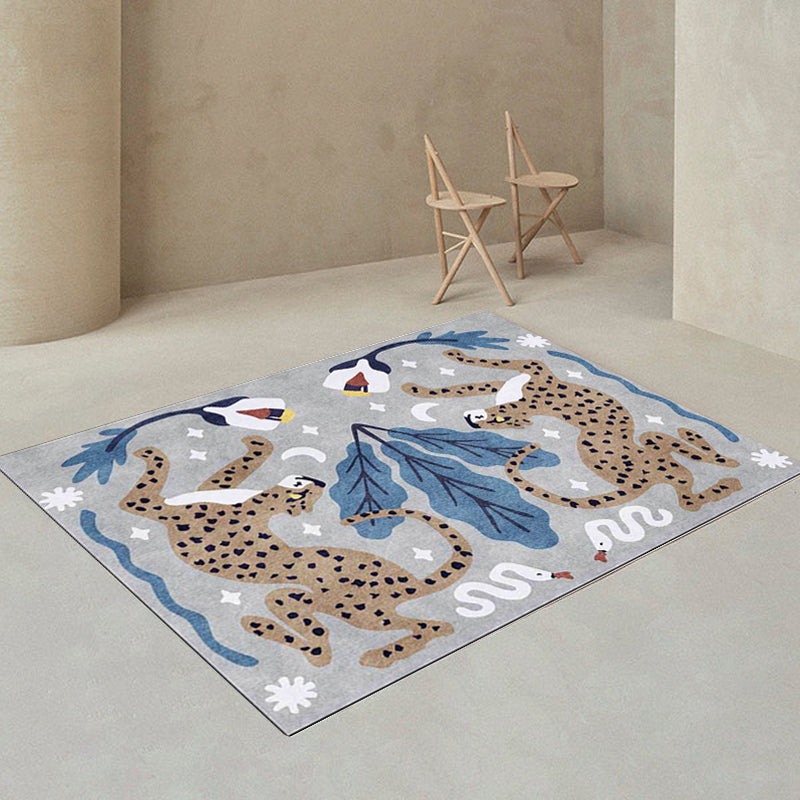 Stijlvol dierenpatroon tapijt grijs en blauw Nordic tapijt polyester wasbaar antislip achterkant tapijt voor de woonkamer