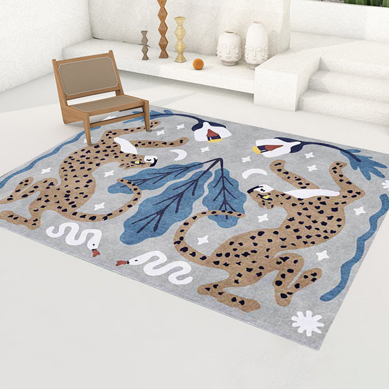Stijlvol dierenpatroon tapijt grijs en blauw Nordic tapijt polyester wasbaar antislip achterkant tapijt voor de woonkamer