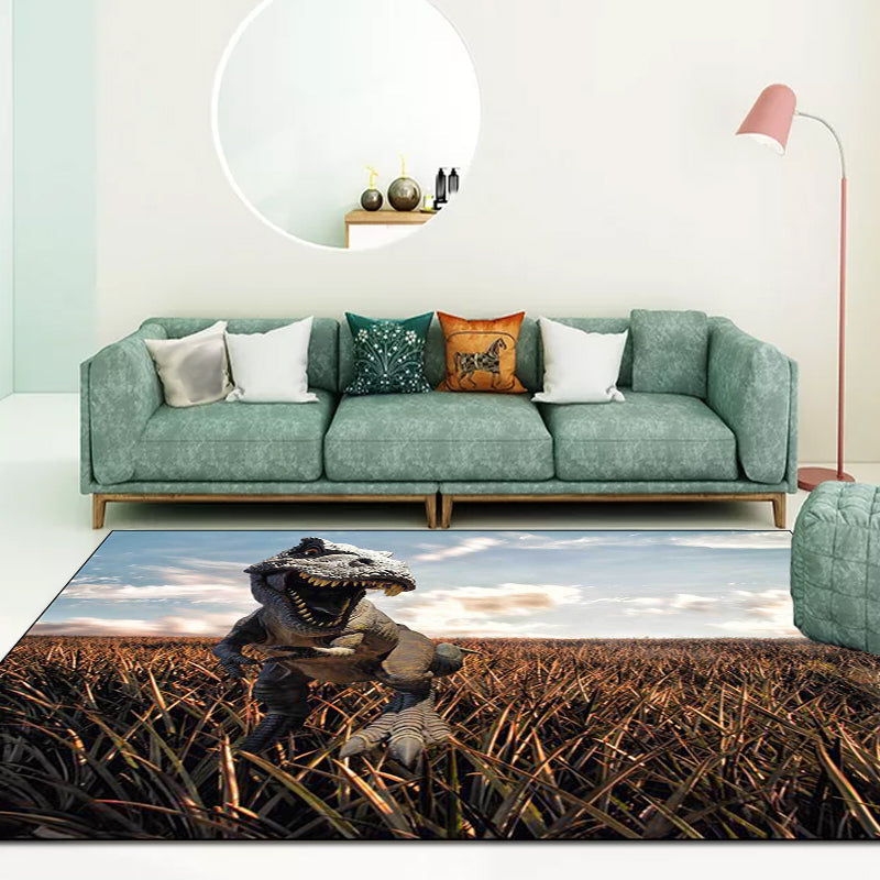 Funky Dinosaur Pattern Tapijt Bruin en Blauw Nordic Tapijt Polyester Wasbaar Anti-Slip Achterkant Tapijt voor de Woonkamer