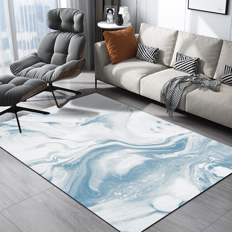 Moderne woonkamer tapijt in blauw en wit abstract oceaanprint tapijt polyester wasbaar huisdiervriendelijk tapijt