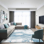 Moderne woonkamer tapijt in blauw en wit abstract oceaanprint tapijt polyester wasbaar huisdiervriendelijk tapijt