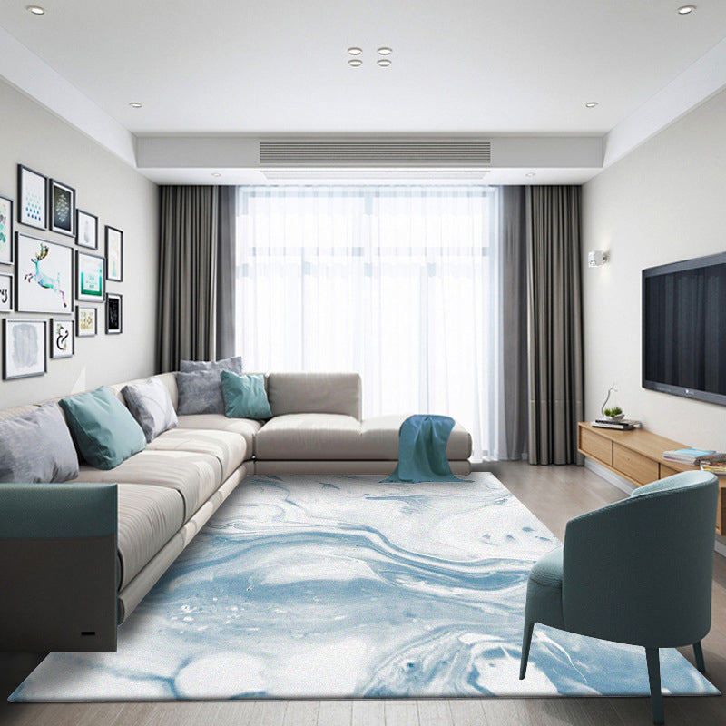 Moderne woonkamer tapijt in blauw en wit abstract oceaanprint tapijt polyester wasbaar huisdiervriendelijk tapijt
