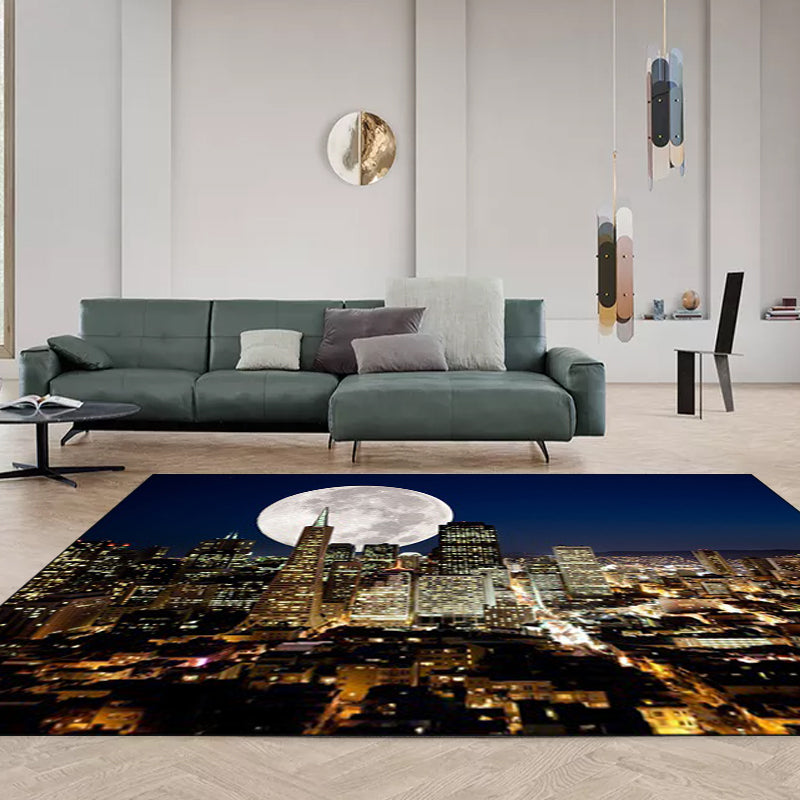 Vloerkleed met eigentijds geografisch patroon met maan donkerblauwe polyester vloerkleed machinewasbaar antislip vloerkleed voor de slaapkamer