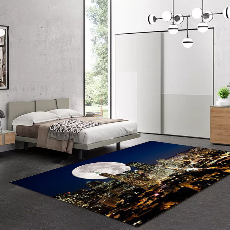 Vloerkleed met eigentijds geografisch patroon met maan donkerblauwe polyester vloerkleed machinewasbaar antislip vloerkleed voor de slaapkamer