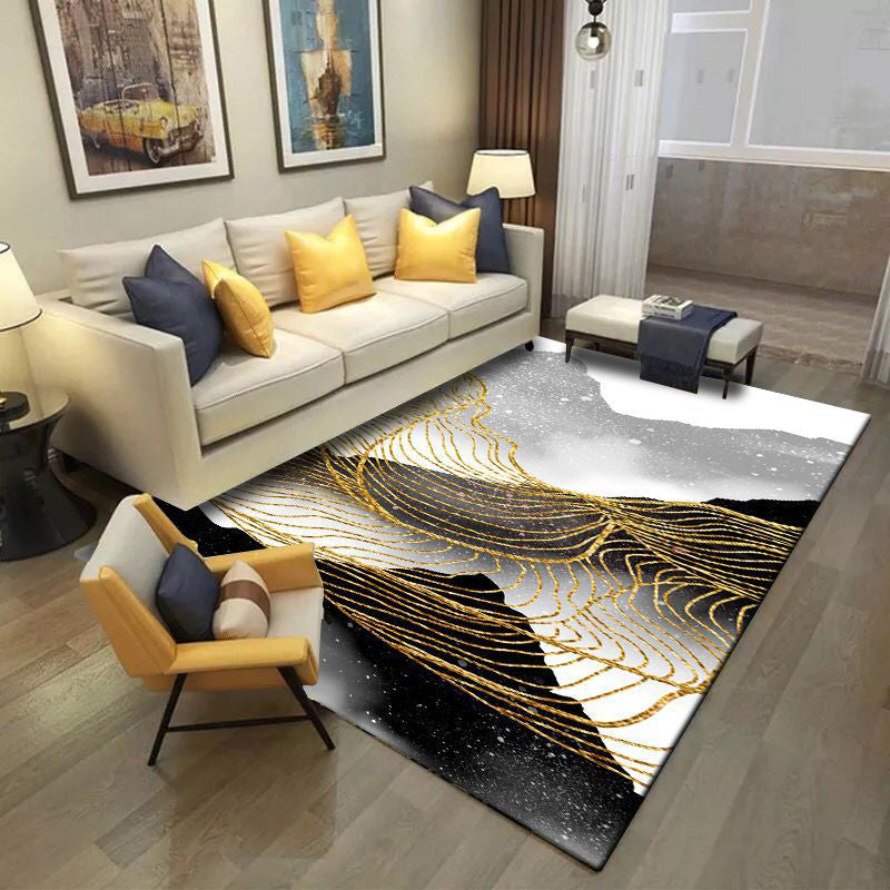 Noordse Moderne Tapijt in Zwart en Wit Abstracte Inktverf Lijnpatroon Tapijt Polyester Wasbaar Tapijt voor Woondecoratie