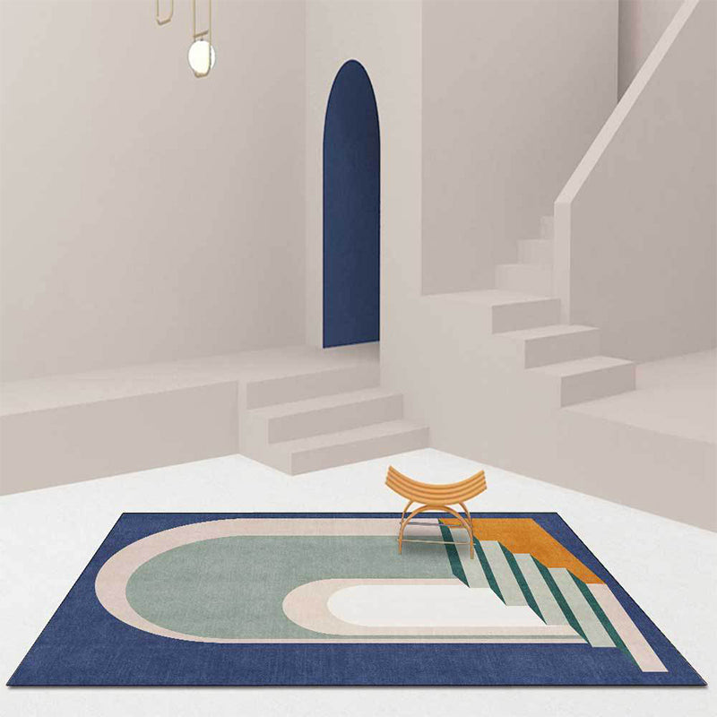 Moderne woonkamer tapijt in blauw en groen kleurblok deur trapprint tapijt polyester machine wasbaar vloerkleed