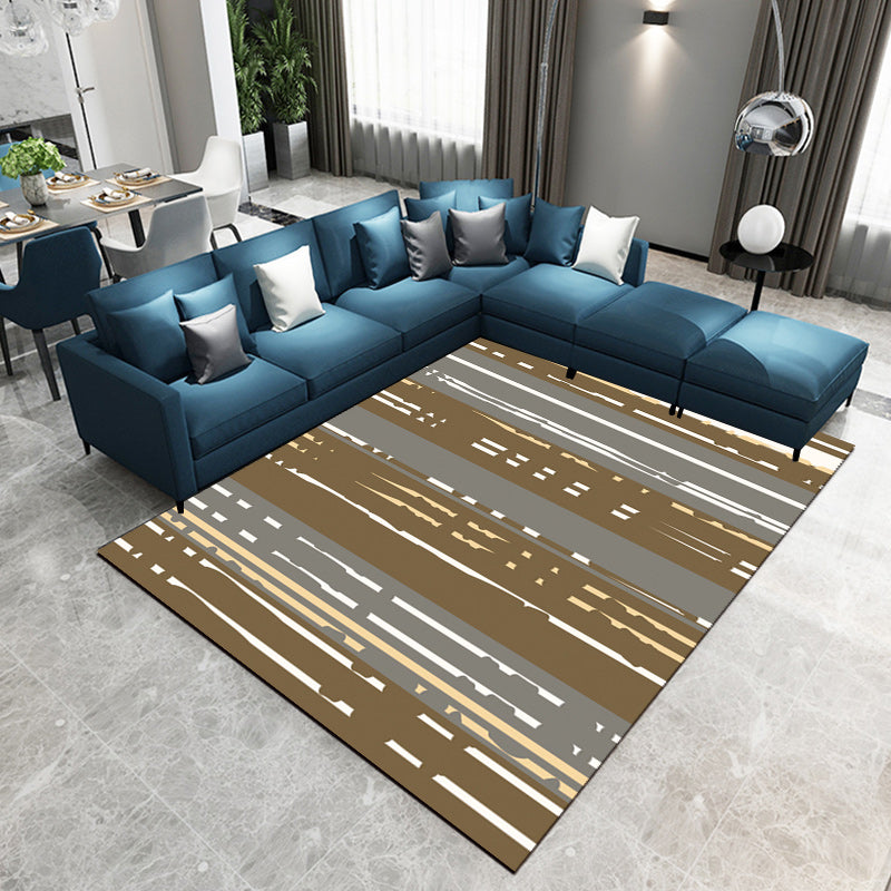 Nordic Modern Vloerkleed in Bruin met Abstracte Streep Patroon Vloerkleed Polyester Huisdiervriendelijk Vloerkleed voor Huishouddecoratie