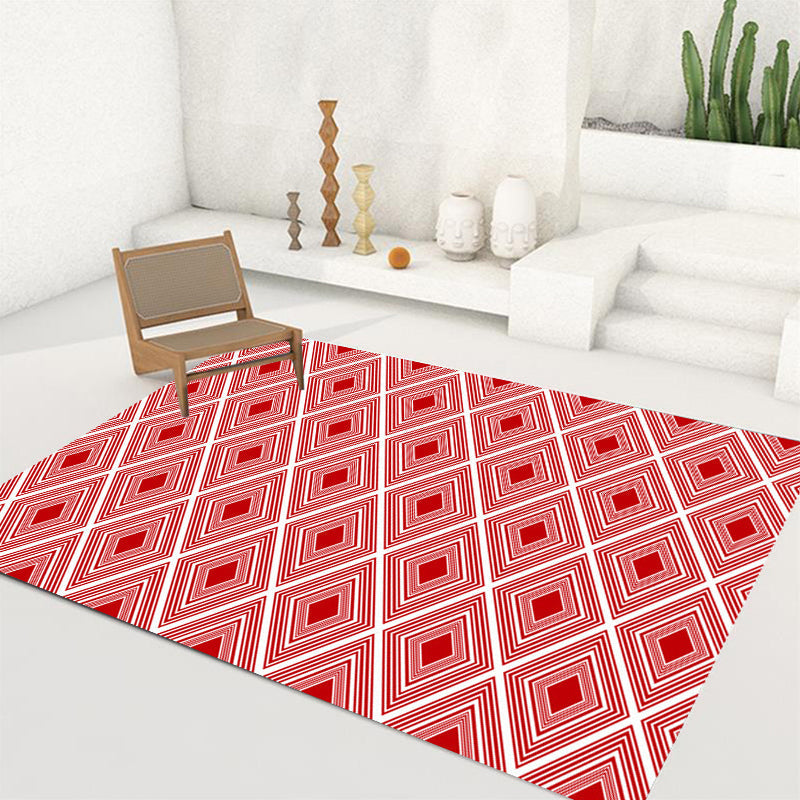 Rode Slaapkamer Tapijt Moderne Geruit Patroon Diamant Patroon Tapijt Polyester Wasbaar Vlekbestendig Tapijt