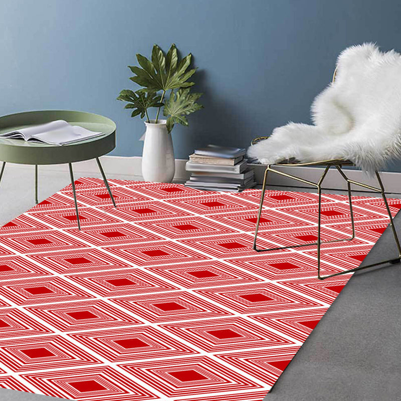 Rode Slaapkamer Tapijt Moderne Geruit Patroon Diamant Patroon Tapijt Polyester Wasbaar Vlekbestendig Tapijt