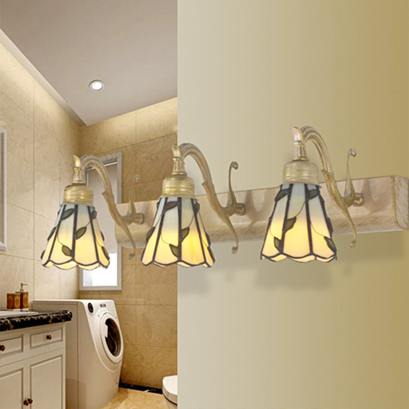 3 Koppen Blad Vanity Light Rustieke Loft Glazen Makeup Spiegel Licht met Lineaire Achterplaat in Koper/Antiek Messing/Goud | Avosian