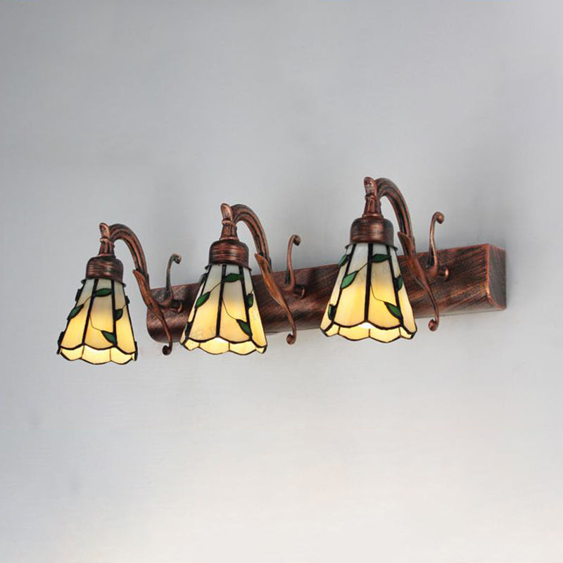 3 Koppen Blad Vanity Light Rustieke Loft Glazen Makeup Spiegel Licht met Lineaire Achterplaat in Koper/Antiek Messing/Goud | Avosian