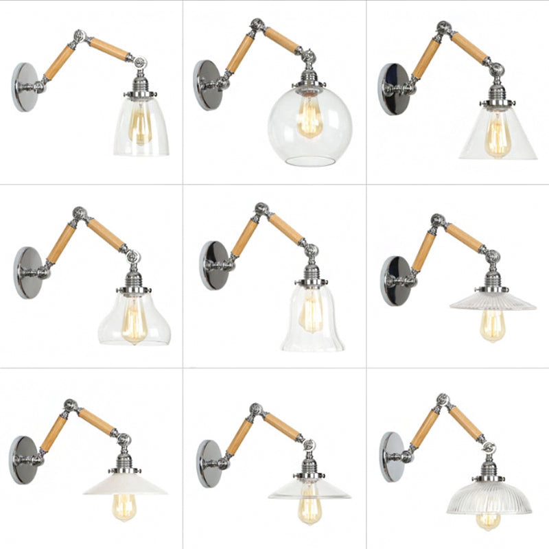 Braun-Zilver 1-lamp lees wandlamp loft heldere glazen bulb/plaat/kleurenschild wandlampen met hout 2-gewricht verstelbare arm