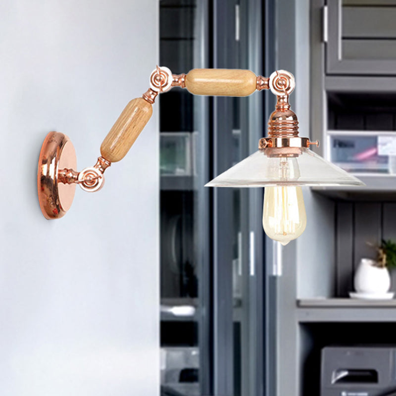 Heldere Glazen Houten Wandlamp Cone 1-Lichts Industriële Wandsteun met Uittrekbare Arm
