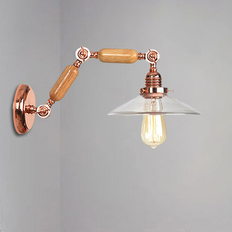 Heldere Glazen Houten Wandlamp Cone 1-Lichts Industriële Wandsteun met Uittrekbare Arm