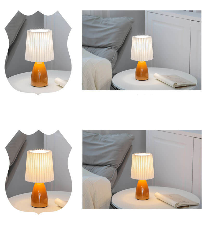Scandinavische retro tafellamp met gevouwen kap en glazen voet