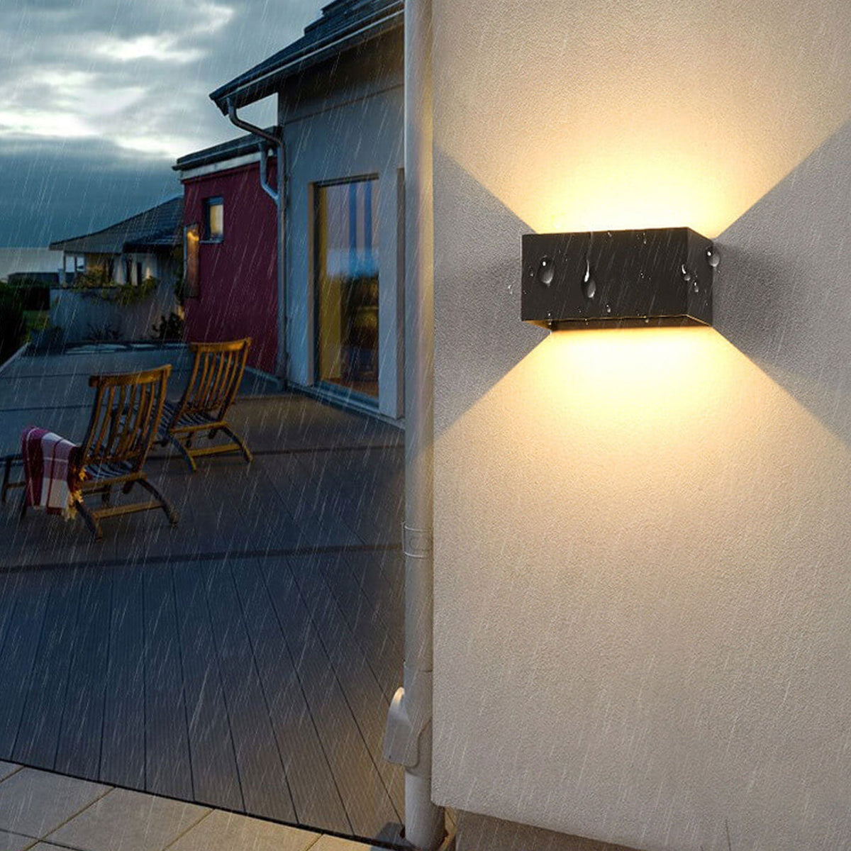 Moderne waterdichte rechthoekige LED-wandlamp voor de buitenruimte met verlichting naar boven en beneden