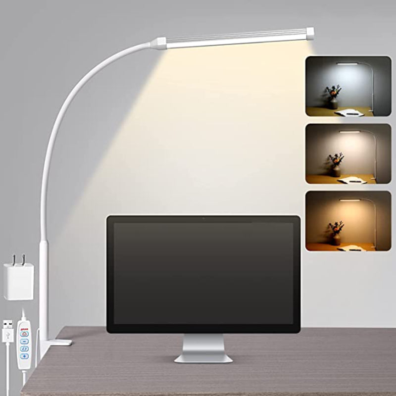 LED Bureau Lamp met Licht, Oogvriendelijke Klemlichten voor Thuiswerken, 3 Modi 10 Helderheidsniveaus, Lange Flexibele Gooseneck, Metaal, Swivel Arm Architect Werklampen met USB Adapter, Wit
