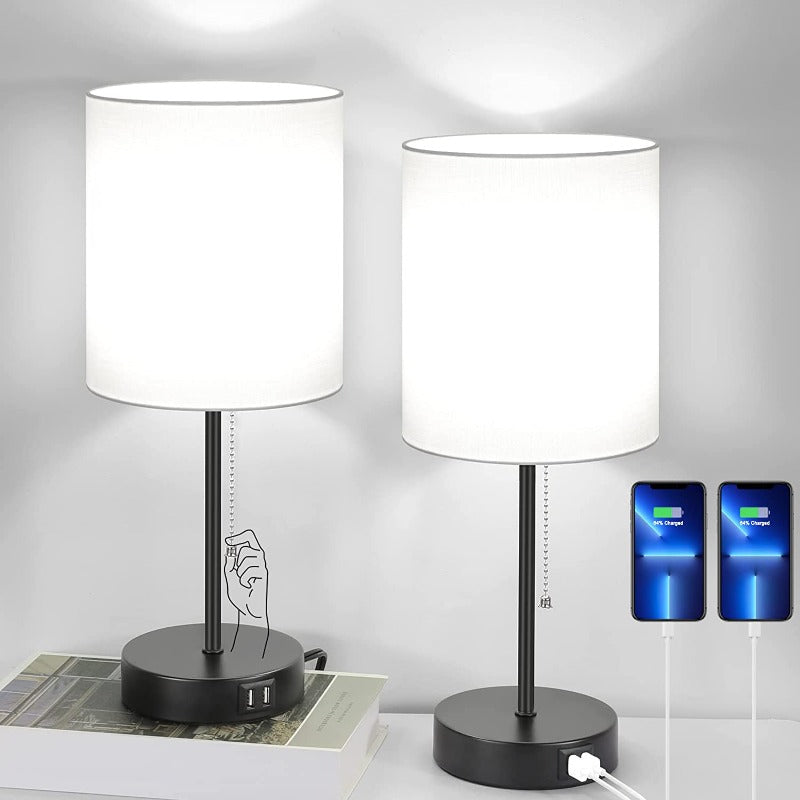 Tafellampen-set van 2 met USB-oplaadpoorten, grijze nachtlampjes met AC-aansluiting, nachtlampjes met trek-schakelaar, minimalistische moderne bureaulampen met textieldiffuser voor woonkamer slaapkamer kantoor