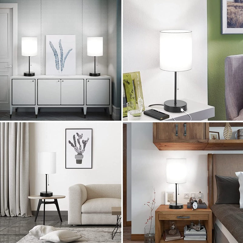 Tafellampen-set van 2 met USB-oplaadpoorten, grijze nachtlampjes met AC-aansluiting, nachtlampjes met trek-schakelaar, minimalistische moderne bureaulampen met textieldiffuser voor woonkamer slaapkamer kantoor
