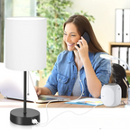 Tafellampen-set van 2 met USB-oplaadpoorten, grijze nachtlampjes met AC-aansluiting, nachtlampjes met trek-schakelaar, minimalistische moderne bureaulampen met textieldiffuser voor woonkamer slaapkamer kantoor
