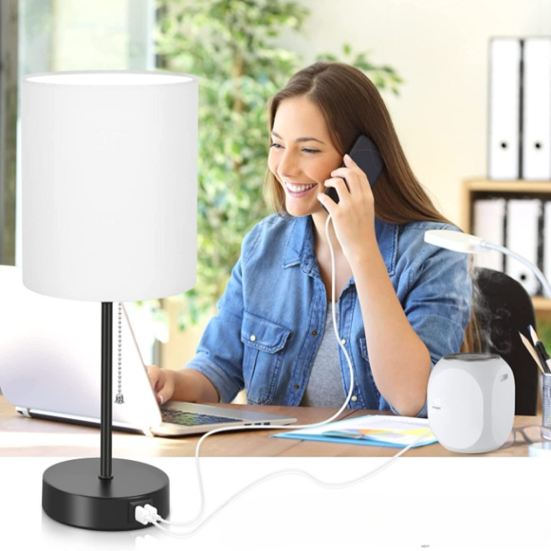 Tafellampen-set van 2 met USB-oplaadpoorten, grijze nachtlampjes met AC-aansluiting, nachtlampjes met trek-schakelaar, minimalistische moderne bureaulampen met textieldiffuser voor woonkamer slaapkamer kantoor