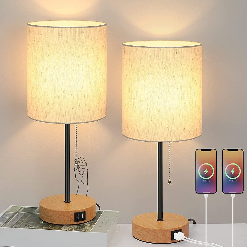 Tafellampen-set van 2 met USB-oplaadpoorten, grijze nachtlampjes met AC-aansluiting, nachtlampjes met trek-schakelaar, minimalistische moderne bureaulampen met textieldiffuser voor woonkamer slaapkamer kantoor