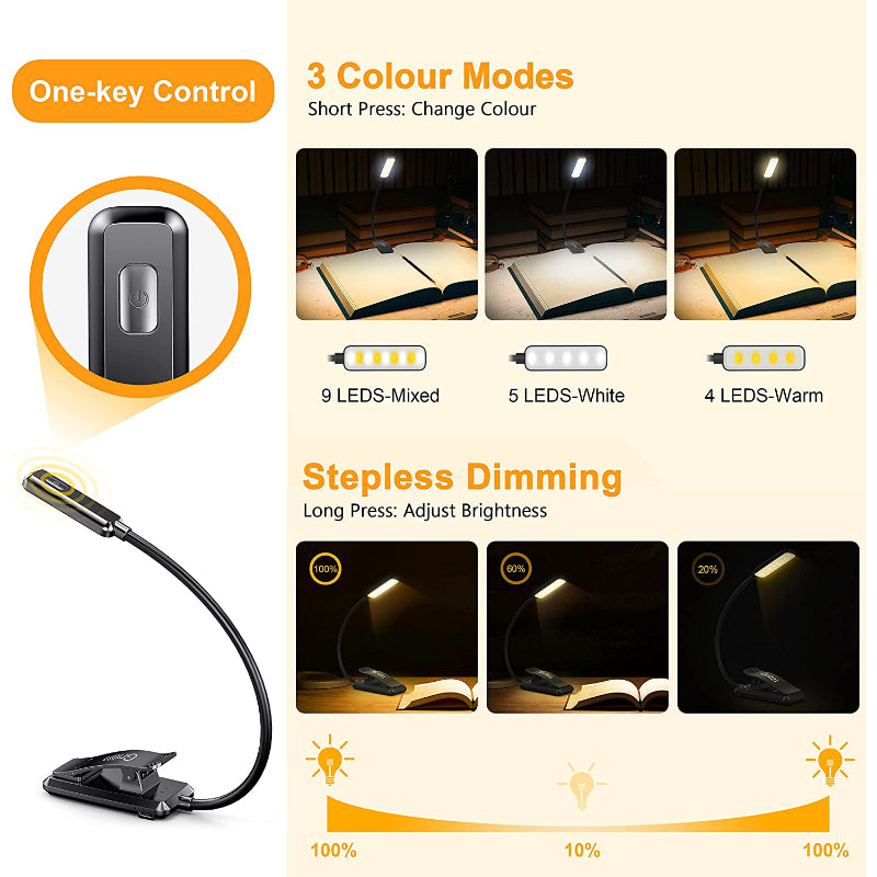 Koop 9 LED USB oplaadbare leeslamp voor lezen in bed - oogvriendelijk, traploos dimbaar | Kleine lichte clip-on leeslamp