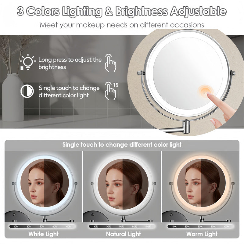 Avosian | Oplaadbare wandspiegel voor scheren | 360° rotatie. 1X/10X vergroting en instelbare LED-verlichting voor gebruik in de badkamer