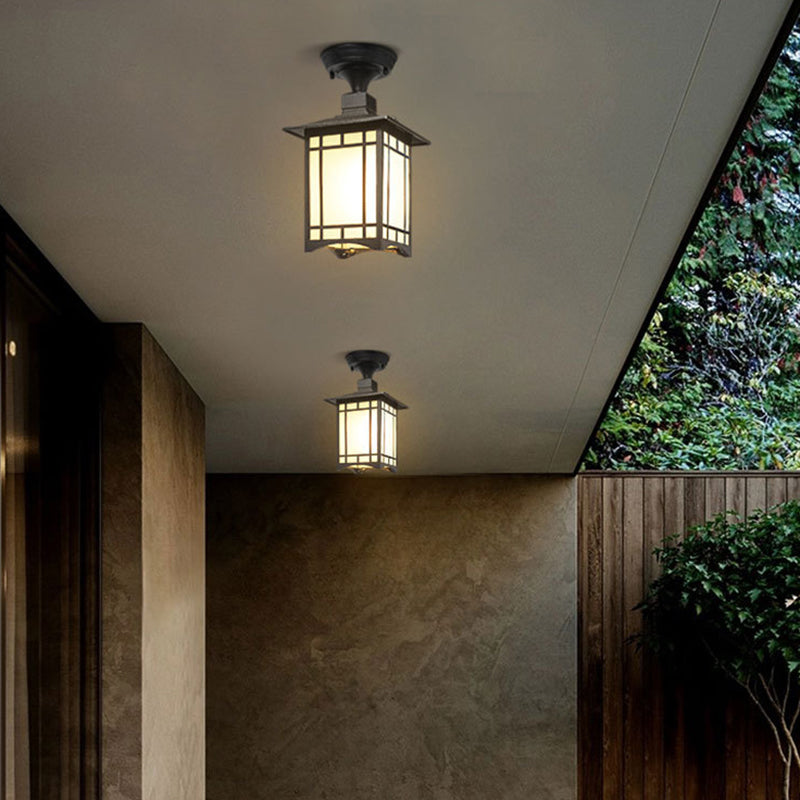Traditionele Chinese waterdichte ijzer-aluminium-glas-cilinder-pergola 1-licht semi-flush-mount plafondlamp buitenlamp voor patio buiten