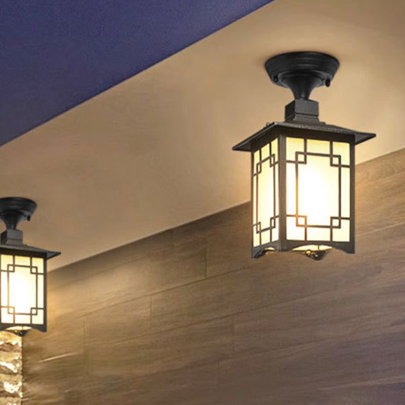 Traditionele Chinese waterdichte ijzer-aluminium-glas-cilinder-pergola 1-licht semi-flush-mount plafondlamp buitenlamp voor patio buiten