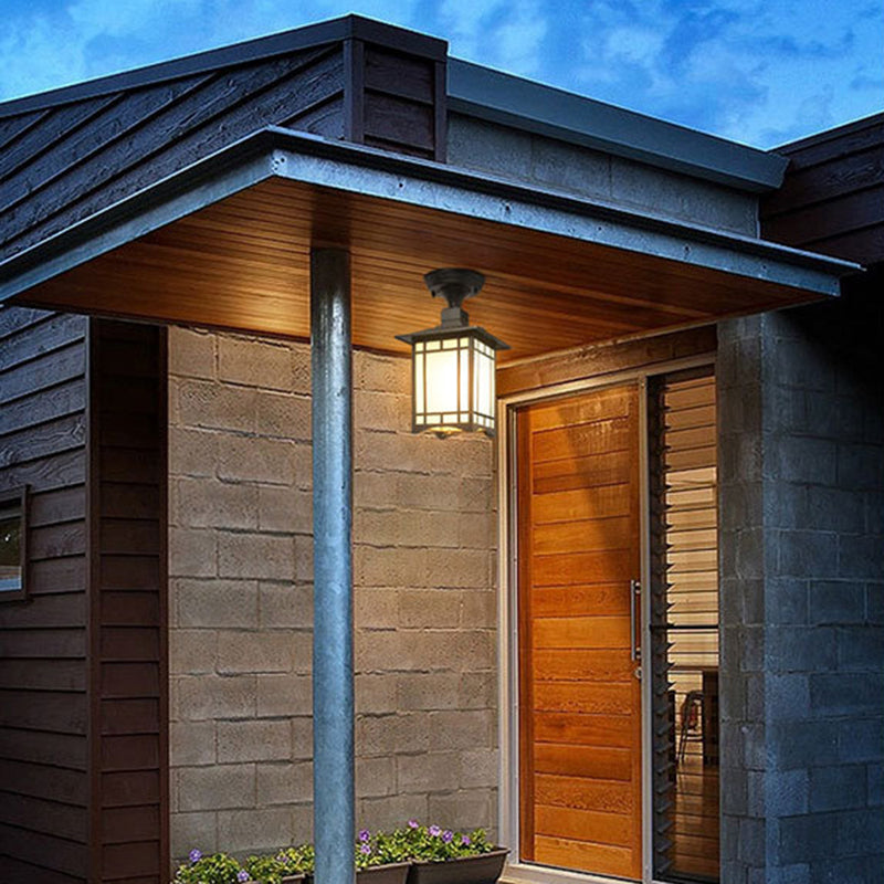 Traditionele Chinese waterdichte ijzer-aluminium-glas-cilinder-pergola 1-licht semi-flush-mount plafondlamp buitenlamp voor patio buiten