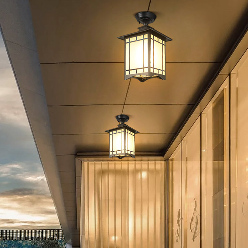 Traditionele Chinese waterdichte ijzer-aluminium-glas-cilinder-pergola 1-licht semi-flush-mount plafondlamp buitenlamp voor patio buiten