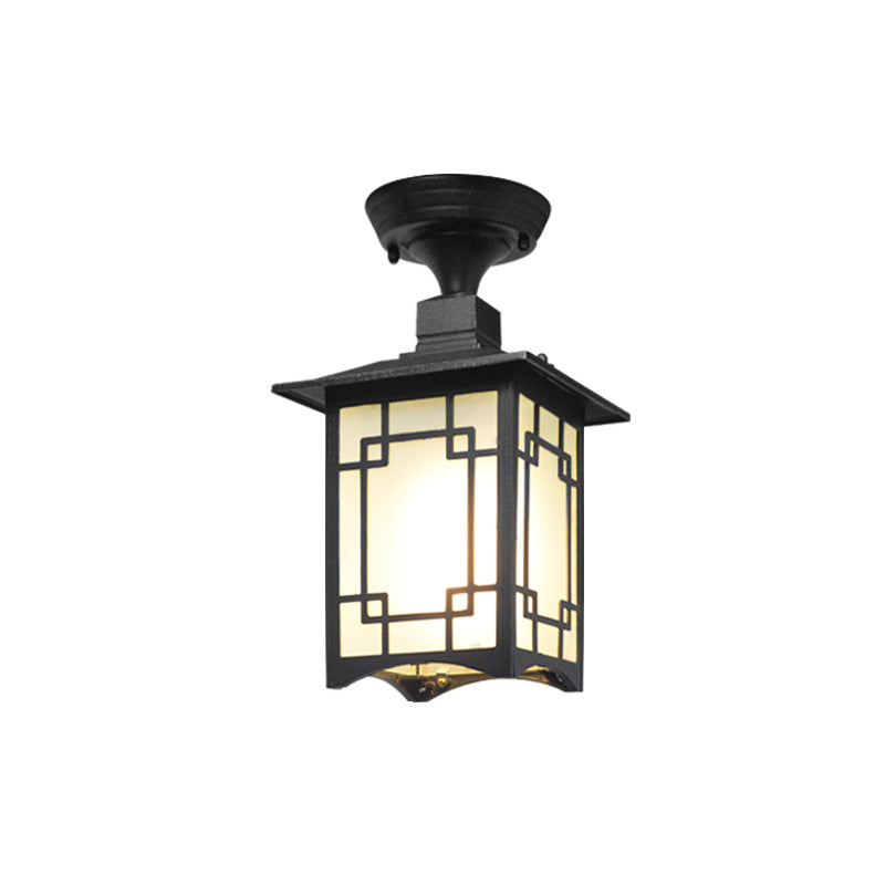 Traditionele Chinese waterdichte ijzer-aluminium-glas-cilinder-pergola 1-licht semi-flush-mount plafondlamp buitenlamp voor patio buiten