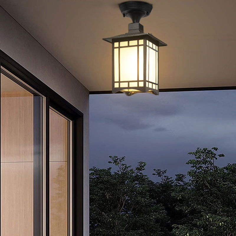Traditionele Chinese waterdichte ijzer-aluminium-glas-cilinder-pergola 1-licht semi-flush-mount plafondlamp buitenlamp voor patio buiten