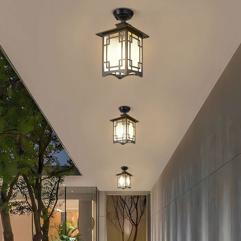 Traditionele Chinese waterdichte ijzer-aluminium-glas-cilinder-pergola 1-licht semi-flush-mount plafondlamp buitenlamp voor patio buiten