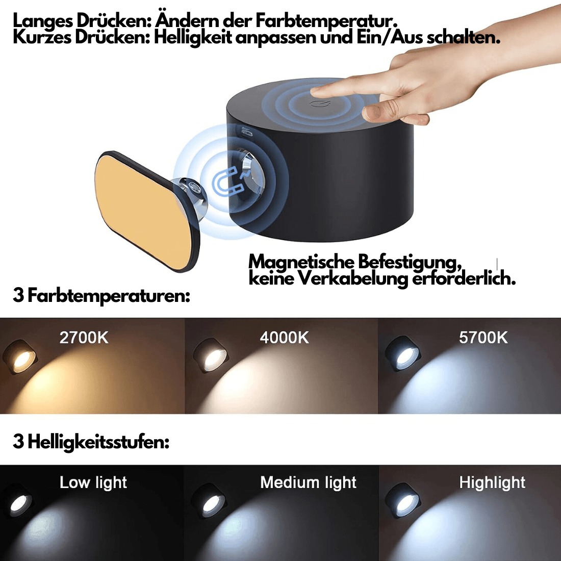 360° draadloze oplaadbare wandlamp | Veelzijdige LED-verlichtingsoplossing