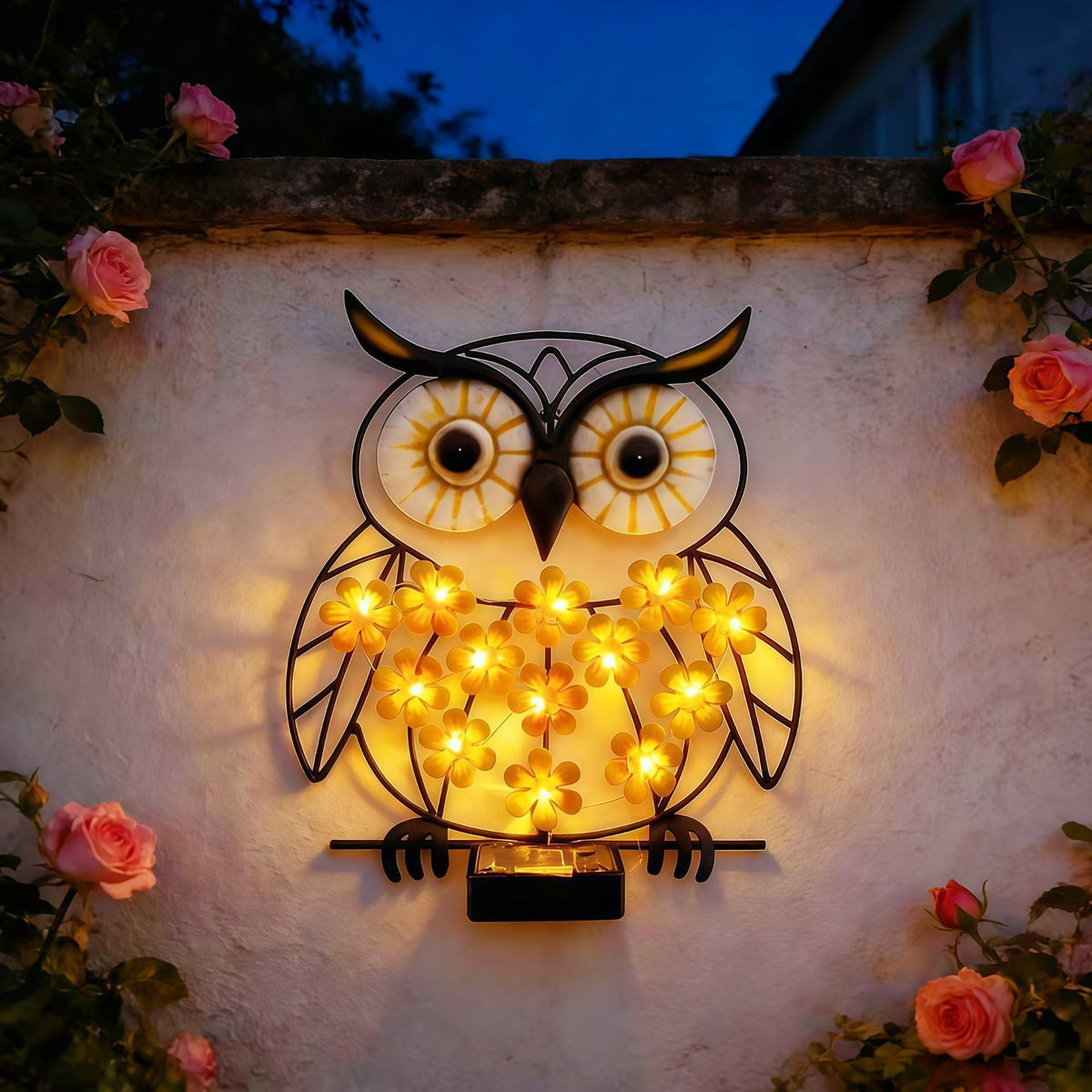 Metal Uil Muurkunst Met Zonne-energie LED Bloem Lichten En IJzeren Frame Avosian