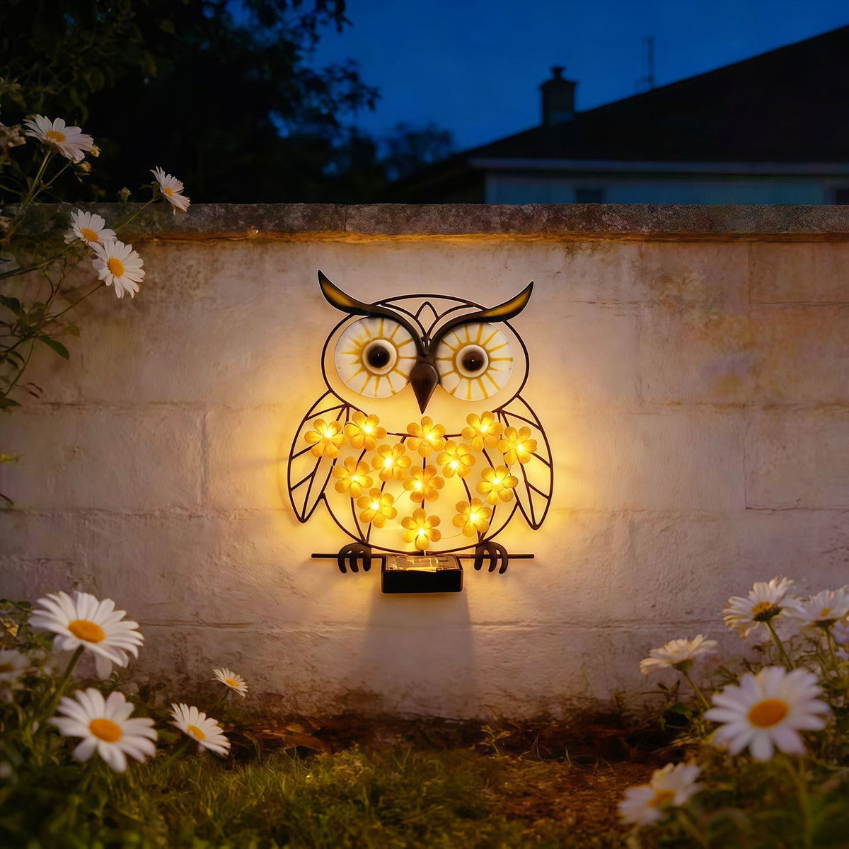 Metal Uil Muurkunst Met Zonne-energie LED Bloem Lichten En IJzeren Frame Avosian