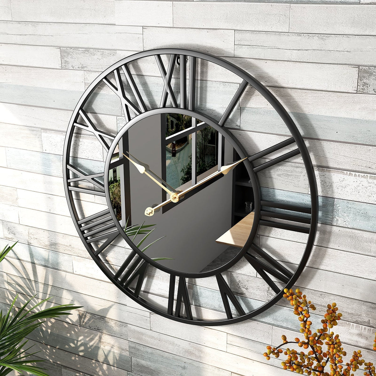 Avosian | Metalen Vintage Grote Muurklok met Spiegel 39cm