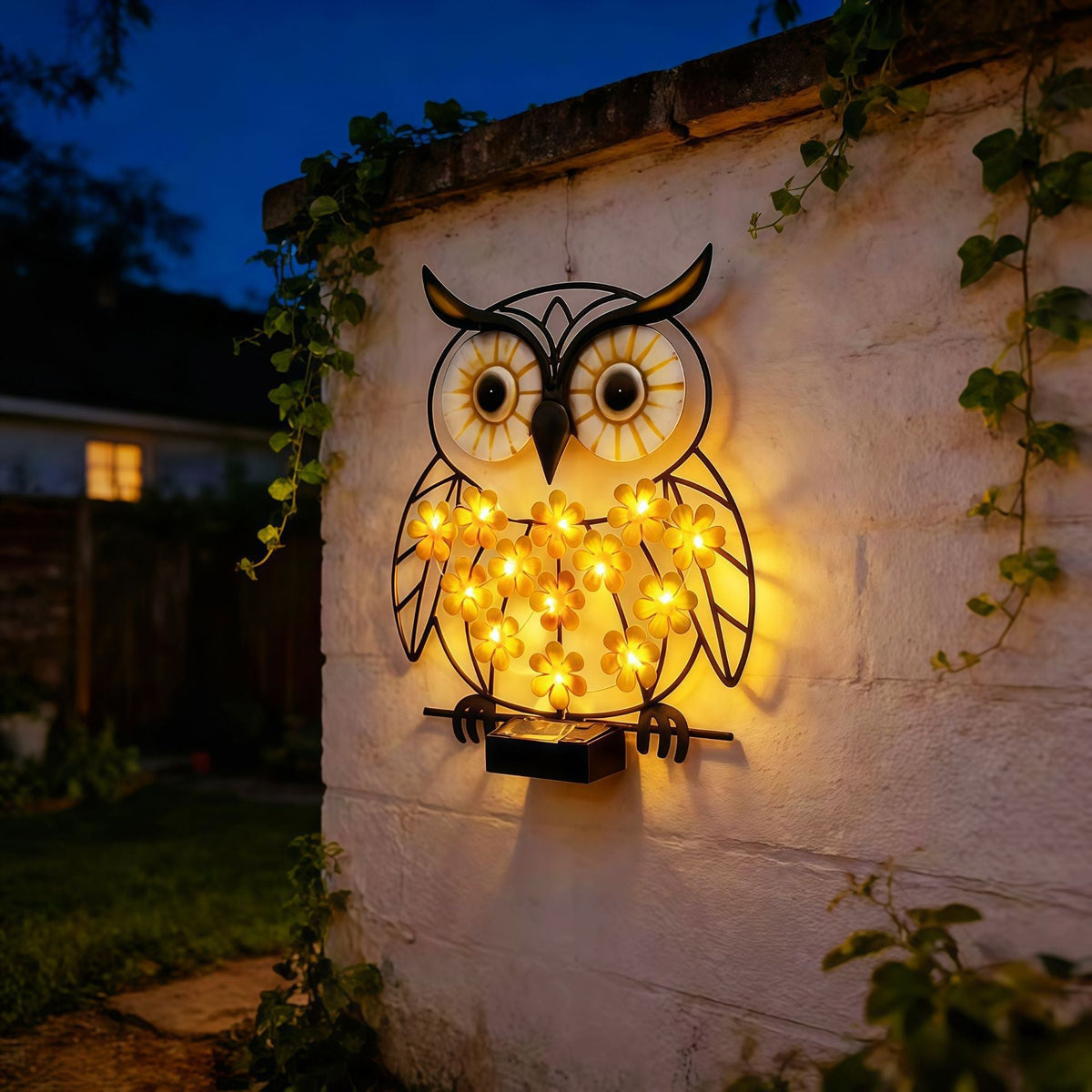 Metal Uil Muurkunst Met Zonne-energie LED Bloem Lichten En IJzeren Frame Avosian