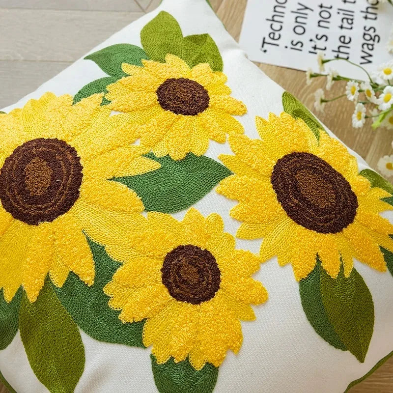 Katoenen Geborduurde Decoratieve Kussen 45x45 cm met Zonnebloem Patroon