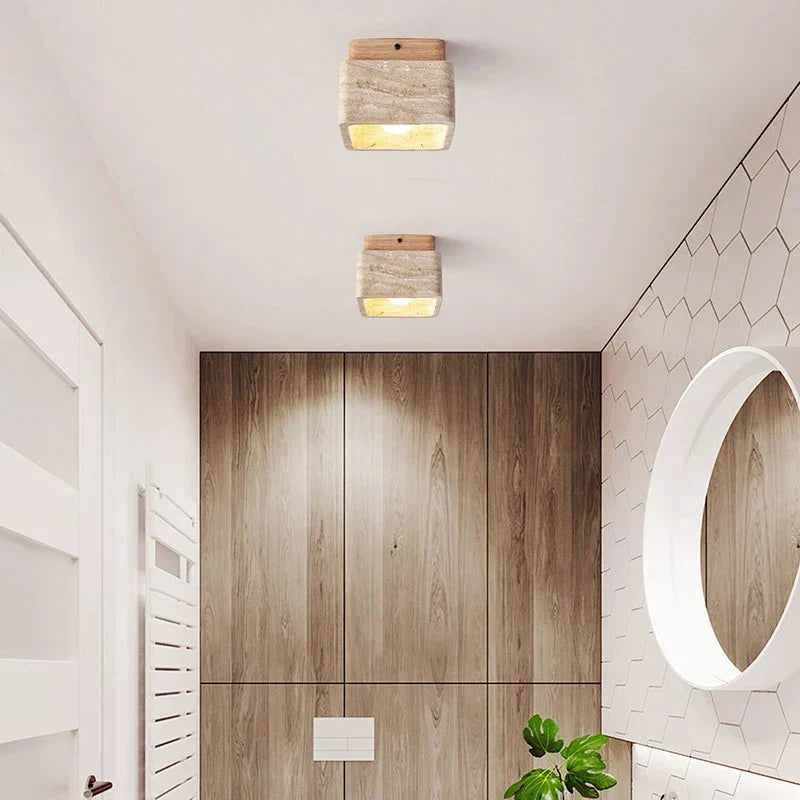 Vierkante Travertin- en Houten-LED-Plafondlamp