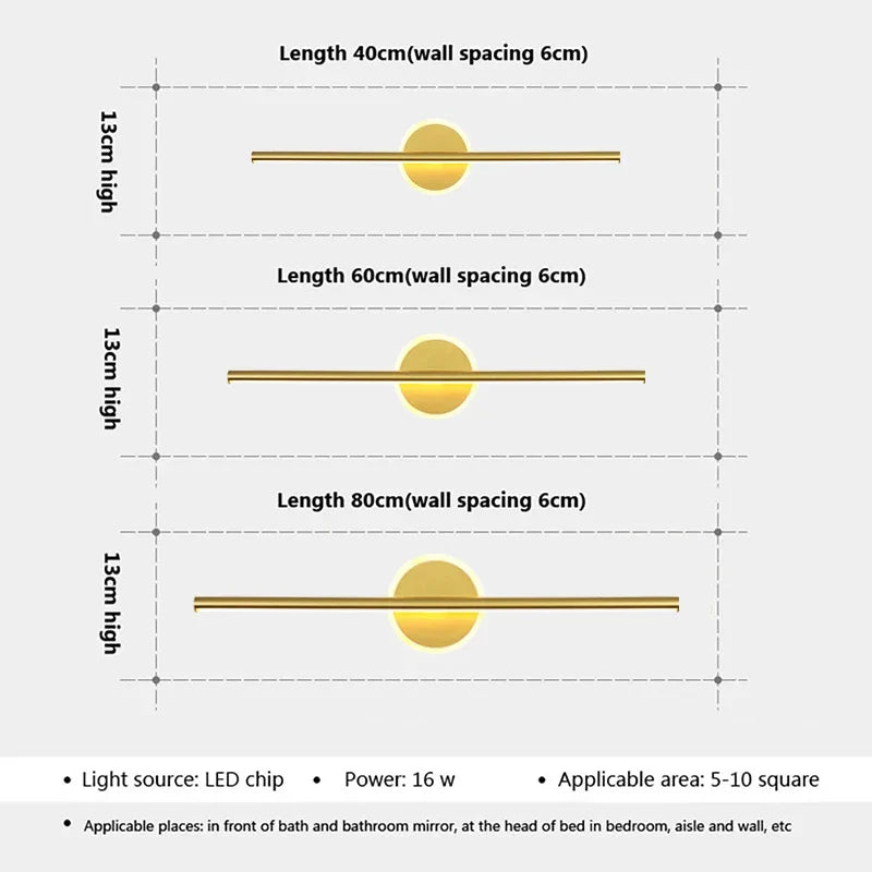 Avosian | LED Wandlamp LineaLux | Zwart & Goud | 40/60/80 cm | Warm, Koud & Driekleurig Licht | Moderne Spiegel & Wandverlichting