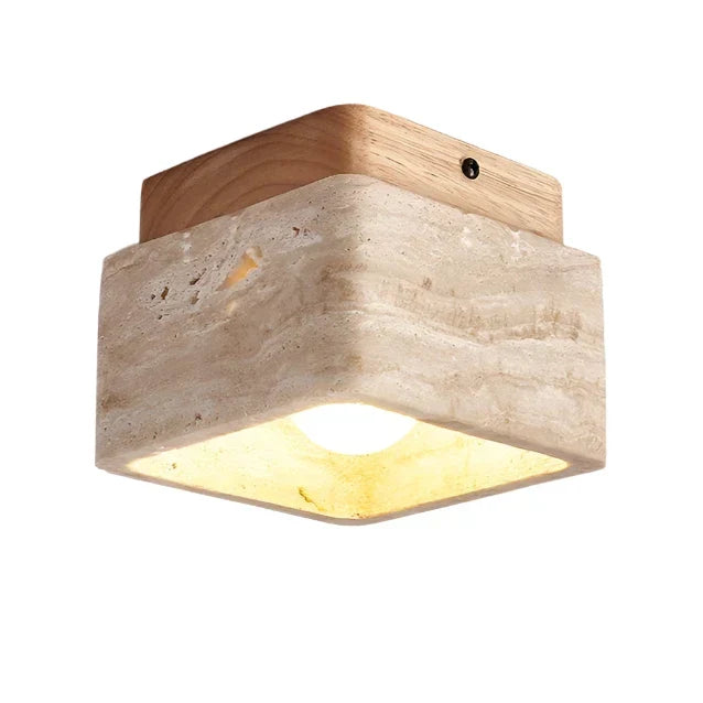 Vierkante Travertin- en Houten-LED-Plafondlamp