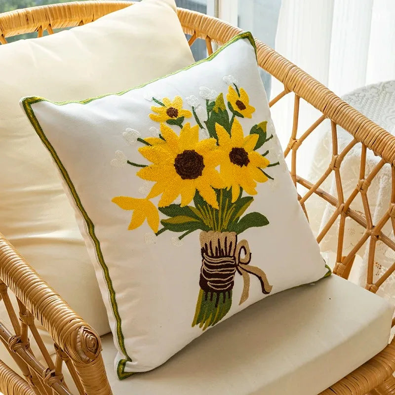 Katoenen Geborduurde Decoratieve Kussen 45x45 cm met Zonnebloem Patroon