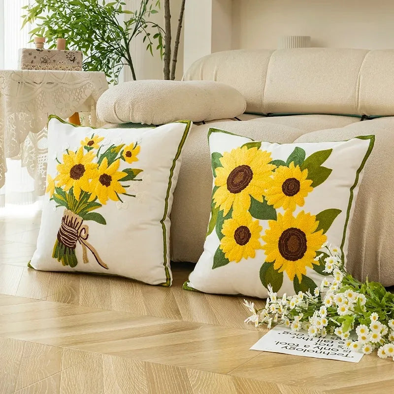 Katoenen Geborduurde Decoratieve Kussen 45x45 cm met Zonnebloem Patroon